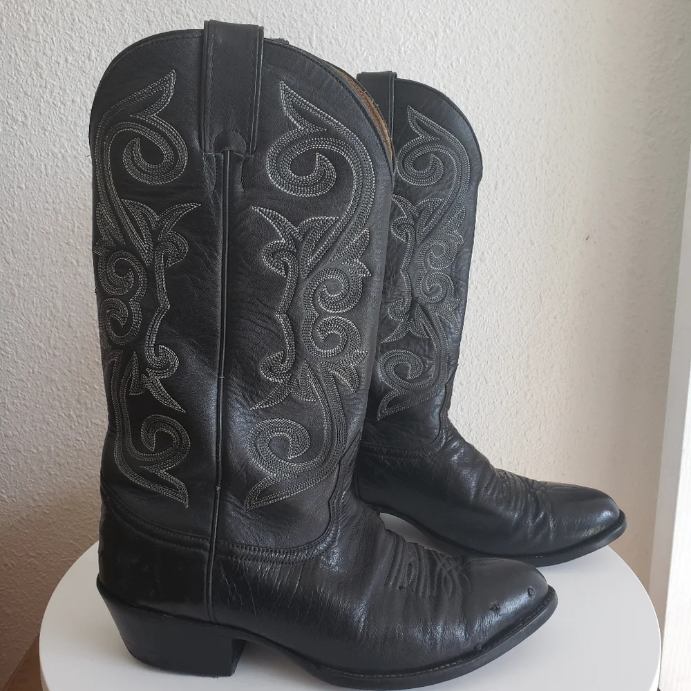 Nocona Western Cowboy Rancho Black Leather Stitch Flame Boots